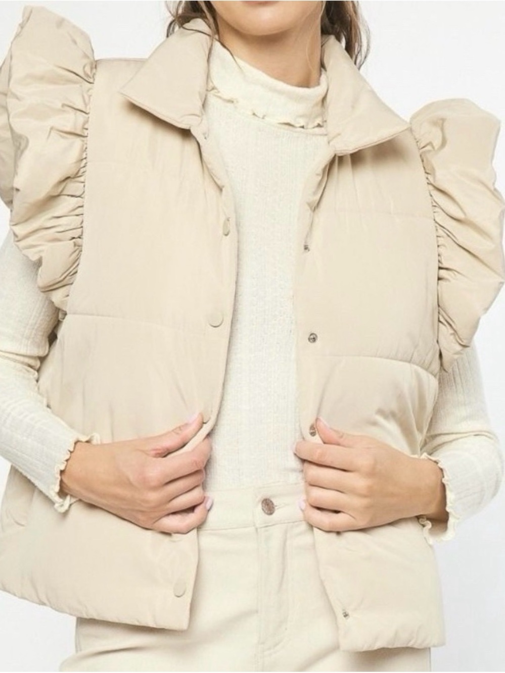 BIBI Cream Ruffle Sleeve Puffer Vest - Size L
